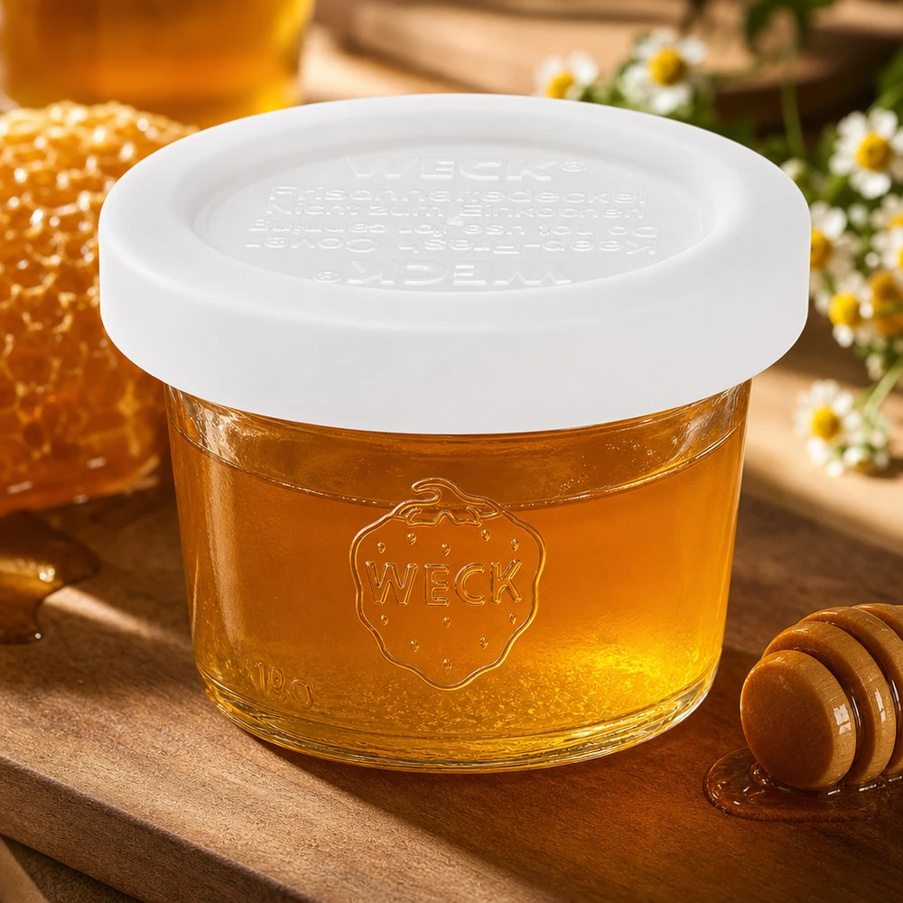 35ml skleněná dóza s víčkem WECK RR40 WECK Sturzglas 35ml RR40 mit Honig in natürlicher Umgebung mit Bienenwabe und Kamille, authentische Produktpräsentation