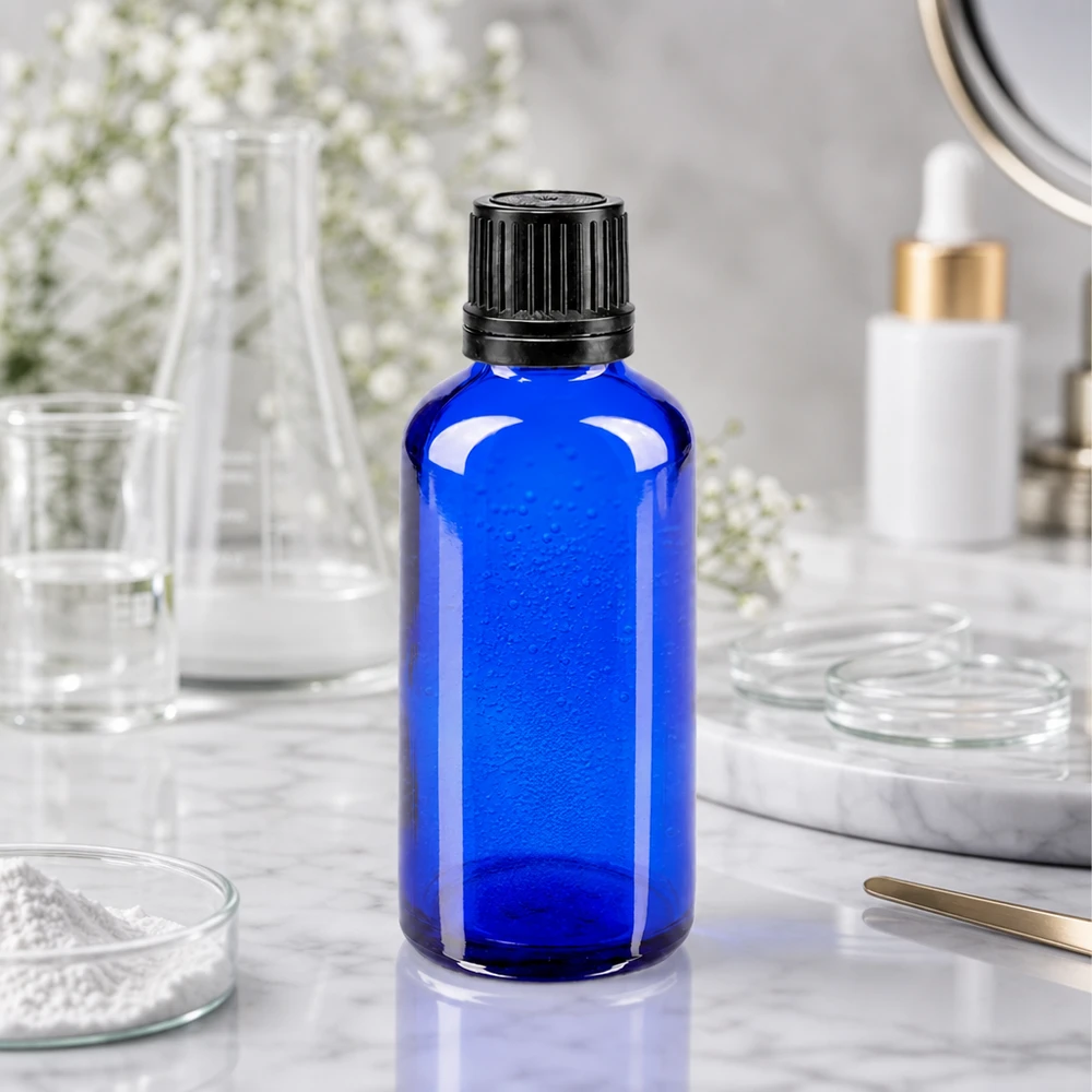 Lékárenská láhev modrá 50ml šroubovací uzávěr černý nalévací kroužek tamper evident uzávěr. Zylindrische 50ml Apothekerflasche aus kobaltblauem Glas mit OV-Verschluss in 8mm Öffnung