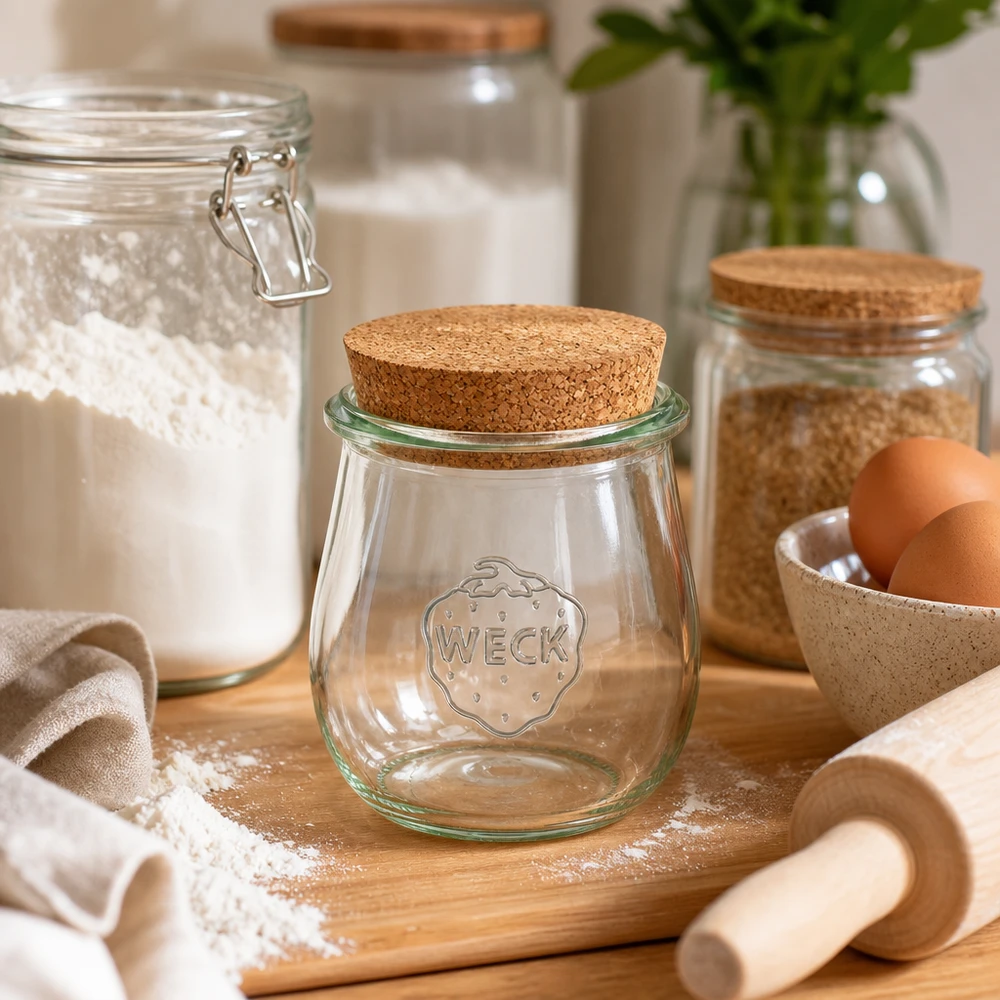 220ml tulipánová sklenice WECK RR60 s korkem přírodní WECK Tulpenglas 220ml RR60 mit Korkdeckel in rustikaler Küche mit Backzutaten Mehl und Eiern auf Holzbrett