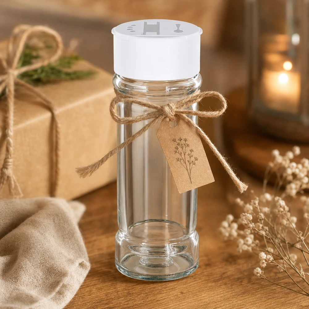 Dóza na sůl/koření 100 ml s dvojitým šejkrem bílá Schlankes Glasgewürzbehälter 100ml mit weißem Doppelstreuerdeckel dekoriert mit Juteband als Tischdekoration