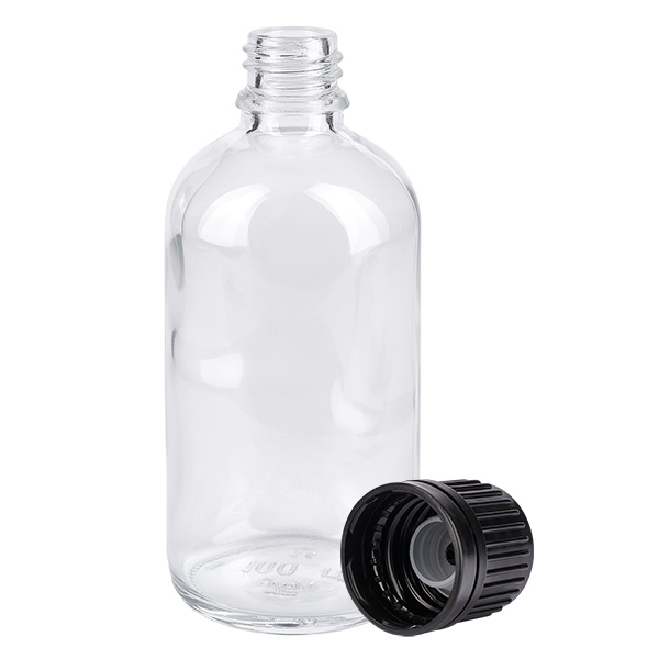 100ml globulová láhev 3mm nalévací kroužek černý standardní uzávěr ClearLine UT18/1 Hochwertige Klarglasflasche 100ml mit 18mm Gewinde für pharmazeutische Produkte