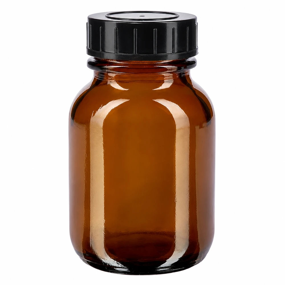 Apothekerflasche 50ml Braunglas mit Weithalstechnik und schwarzem Schraubdeckel für Tabletten
