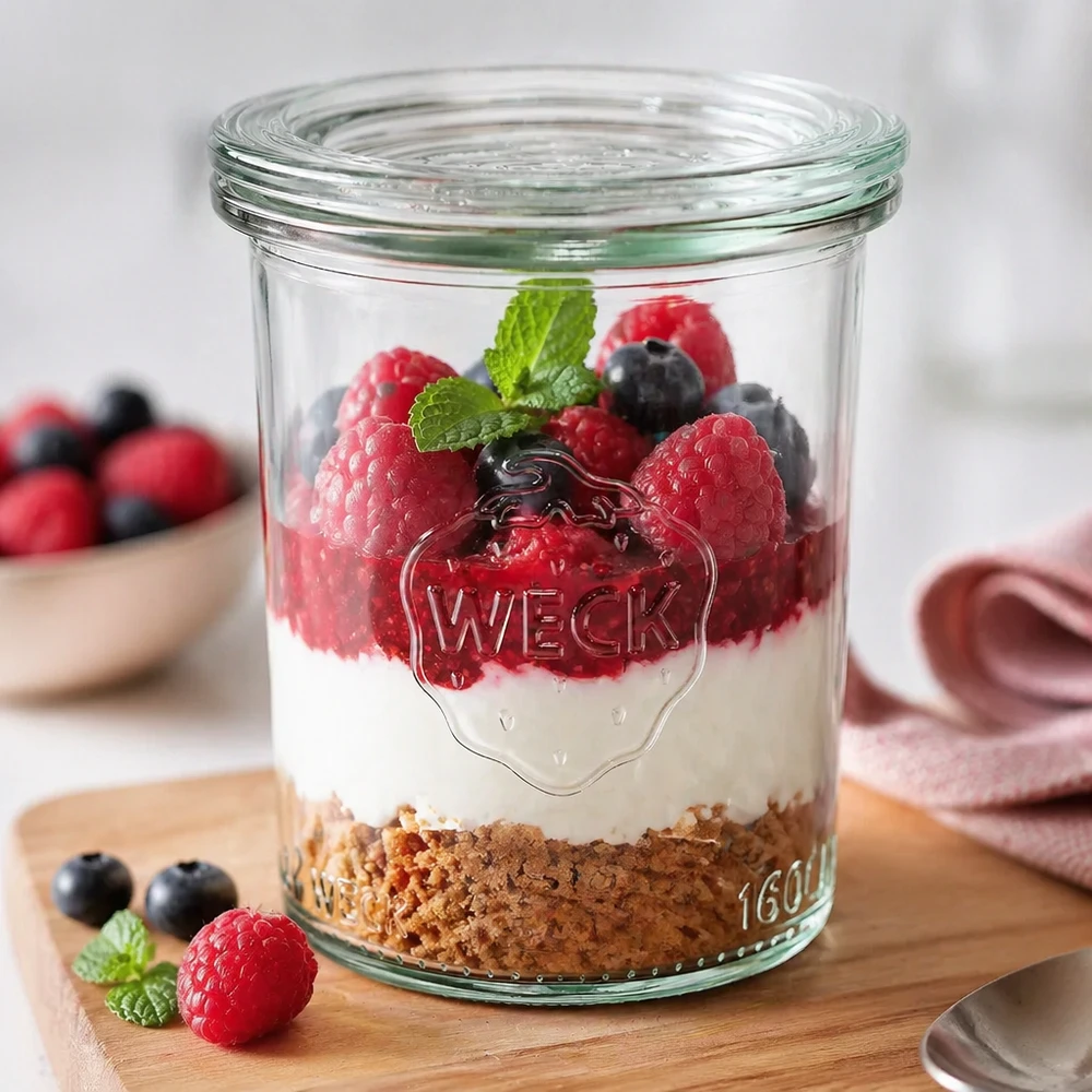 WECK Sturzglas 160ml befüllt mit Dessert aus Keksboden, Creme und Beeren als Anwendungsbeispiel