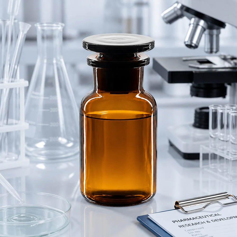 Láhev s kulatým ramenem 100ml hnědá se širokým hrdlem skleněná zátka Lichtschutzflasche Rundschulter 100ml Weithals Braunglas Glasstopfen für Laborproben