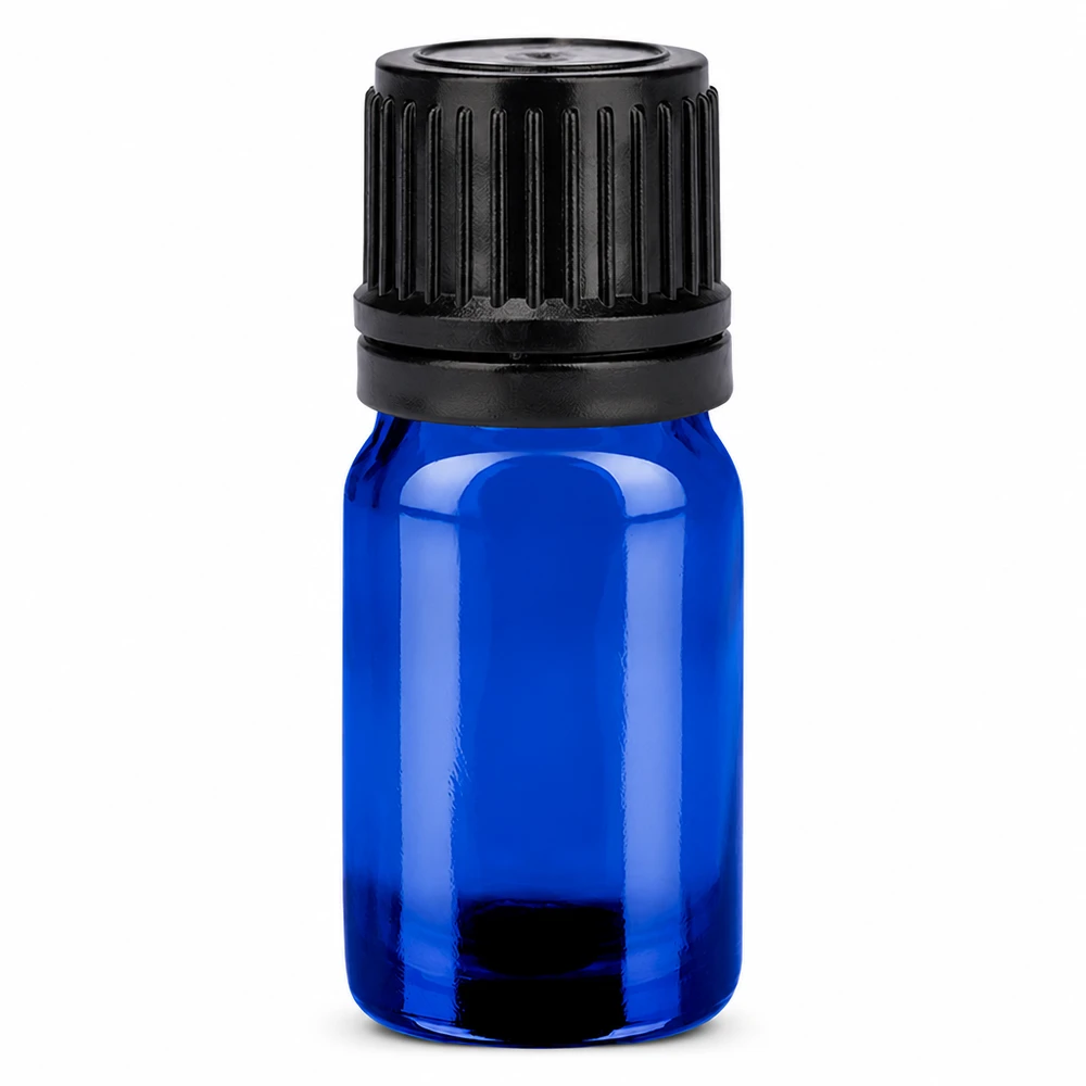 Lahvička 5ml 11mm šroubovací uzávěr černý BlueLine UT18/5 s ochranným uzávěrem proti manipulaci Professionelle 5ml Glasflasche blau mit sicherem Verschluss für Kosmetik und Pharmazie