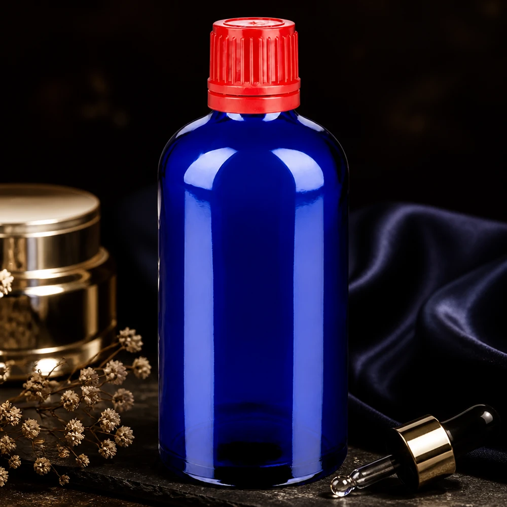 Premium Glasflasche 100ml dunkelblau mit Originalitätsgarantie durch SV Verschluss rot