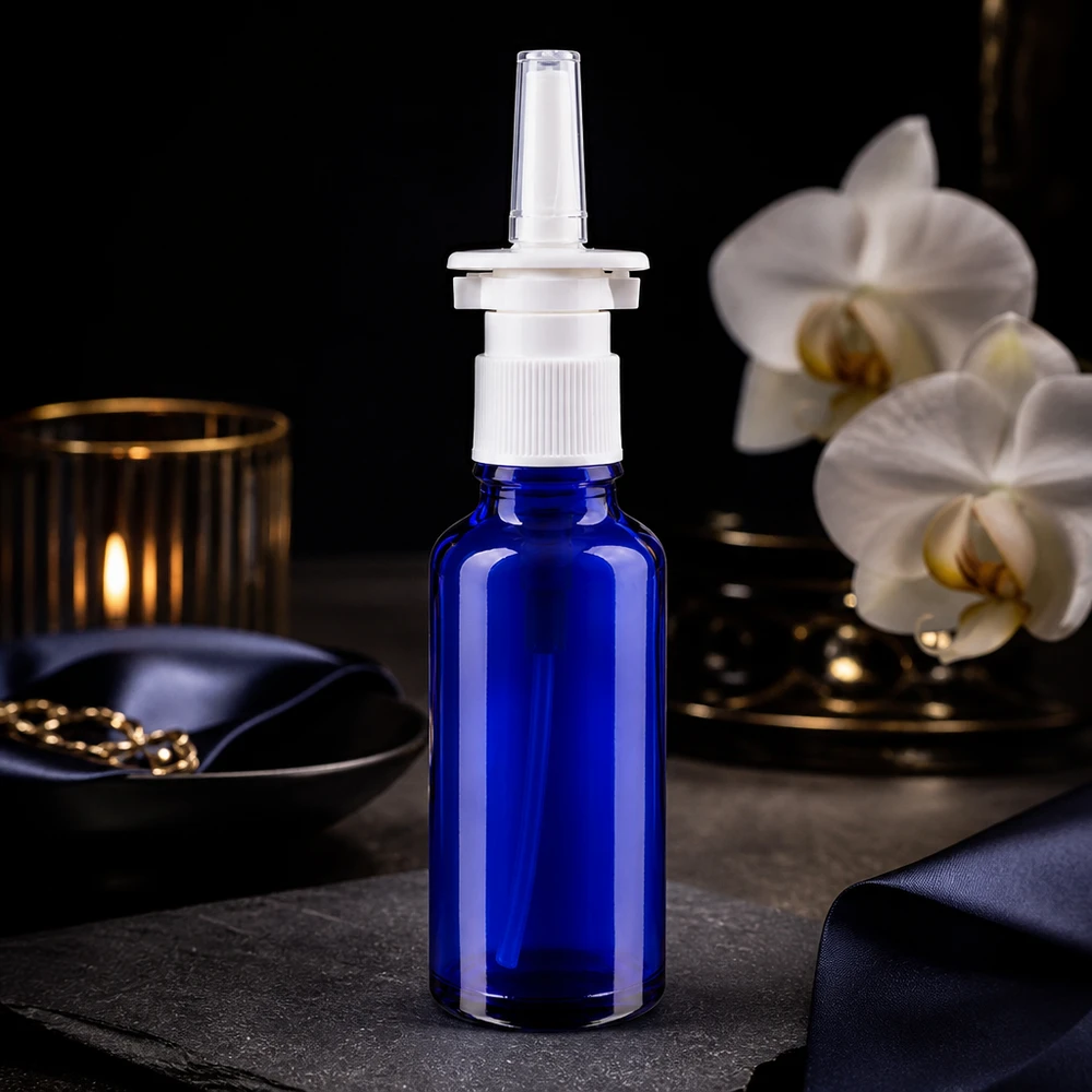 Lékárenská lahvička modrá 30ml nosní rozprašovač bílá standardní Nasensprayflasche Apothekerglas 30ml blau mit weißem Verschluss und transparentem Applikator