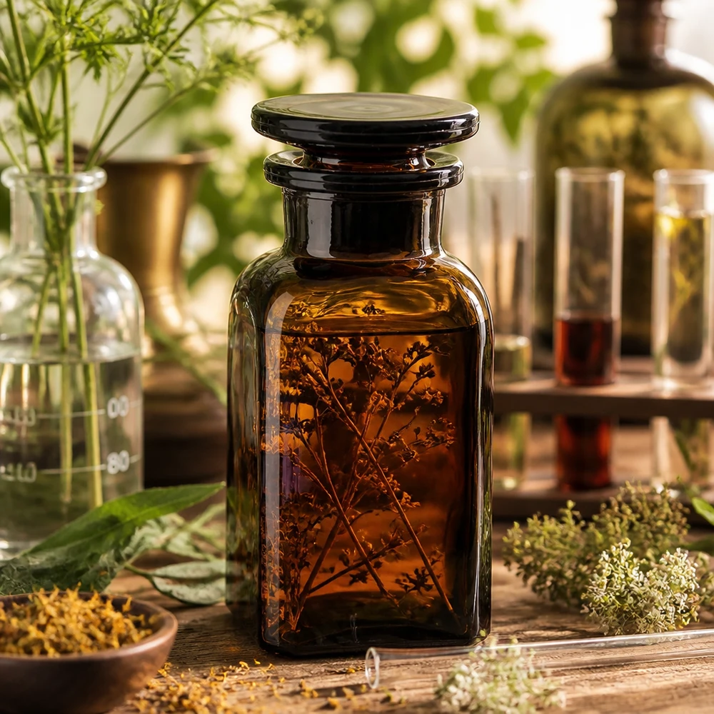 Hranatá láhev 100ml hnědá skleněná zátka se širokým hrdlem Kleine braune Vierkantflasche 100ml Glasstopfen Weithals für Kräuter und Naturprodukte