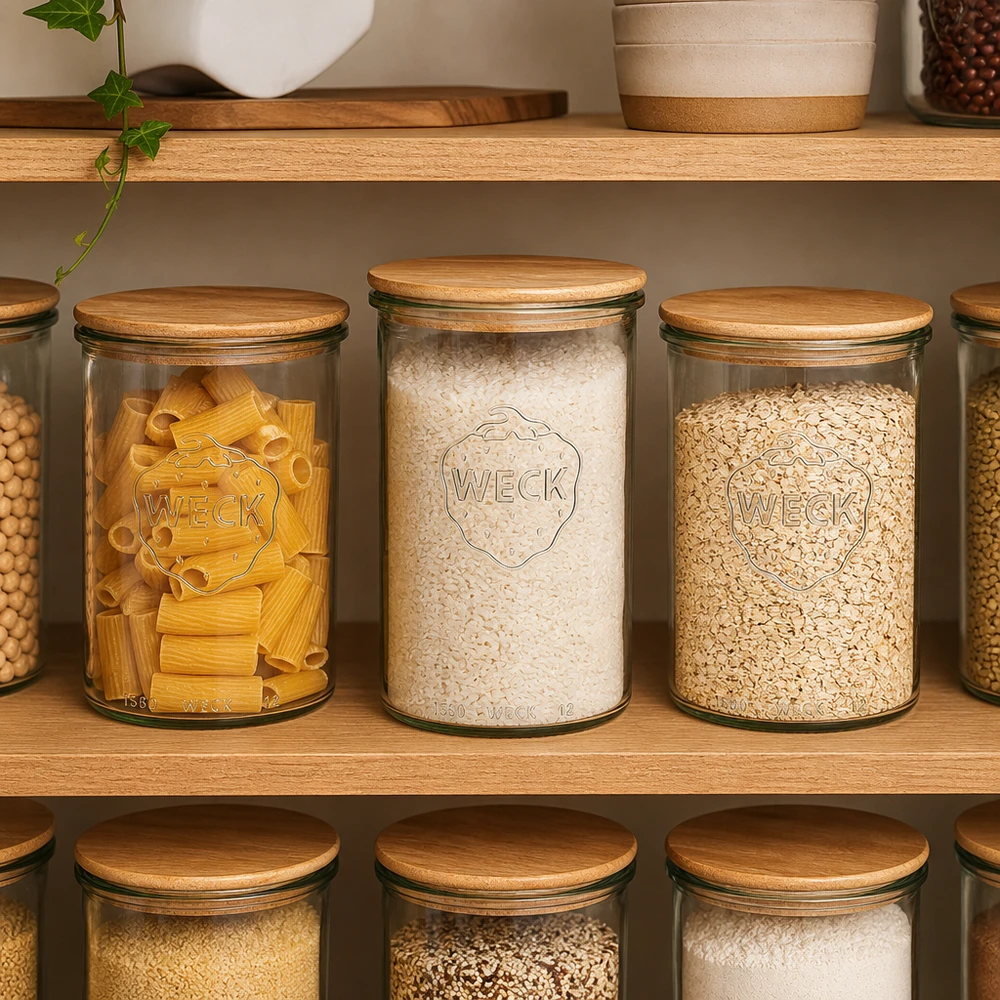1000ml tumblery WECK RR100 s dřevěným víčkem WECK Gläser 1000ml mit Holzdeckel als Vorratsdosen für Nudeln Reis und Haferflocken in organisierter Küche