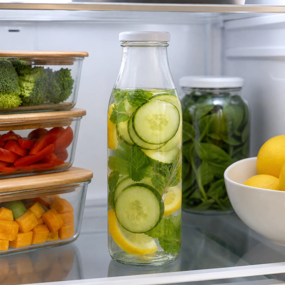 500ml Glasflasche mit weißem Deckel gefüllt mit Gurken-Zitronen-Minz-Wasser im Kühlschrank gelagert