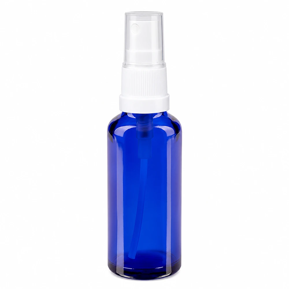 Kompakte 30ml Sprühflasche aus UV-schützendem blauem Glas mit weißem Dosierpumpkopf