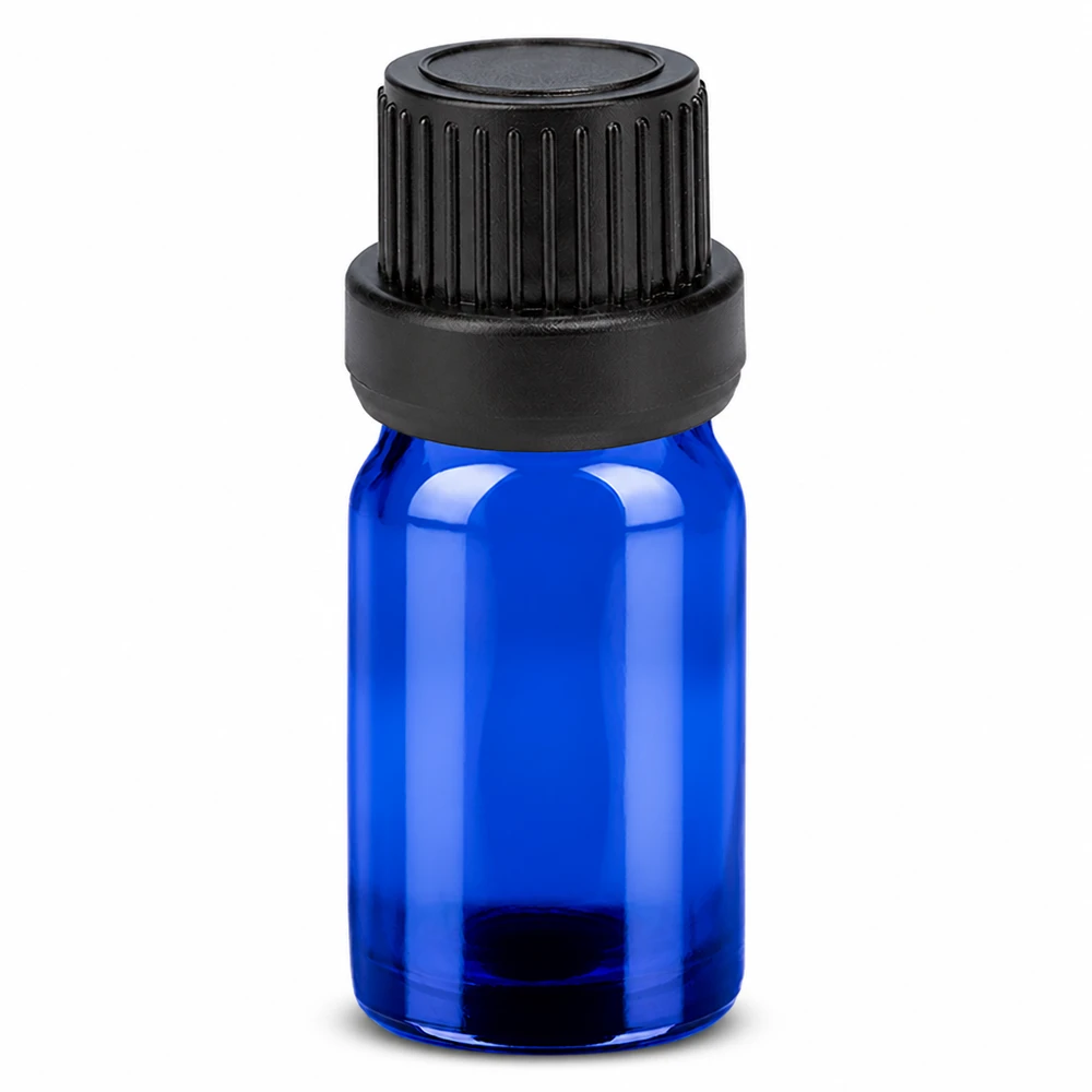 Lahvička 5ml 11mm šroubovací uzávěr černý BlueLine UT18/5 s ochranným uzávěrem proti manipulaci 5ml blaue Glasflasche BlueLine UT18/5 mit schwarzem OV Verschluss für sichere Lagerung