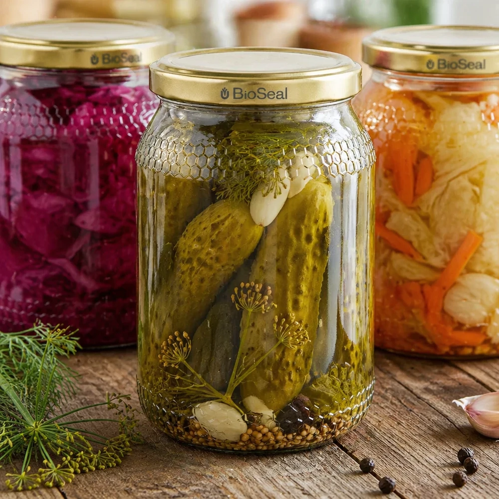 1260g Honigglas + BioSeal Deckel gold UNiTWIST 900ml Honigglas BioSeal Deckel gold Einmachglas eingelegte Gurken Dill Gewürze Fermentation Küchenvorrat