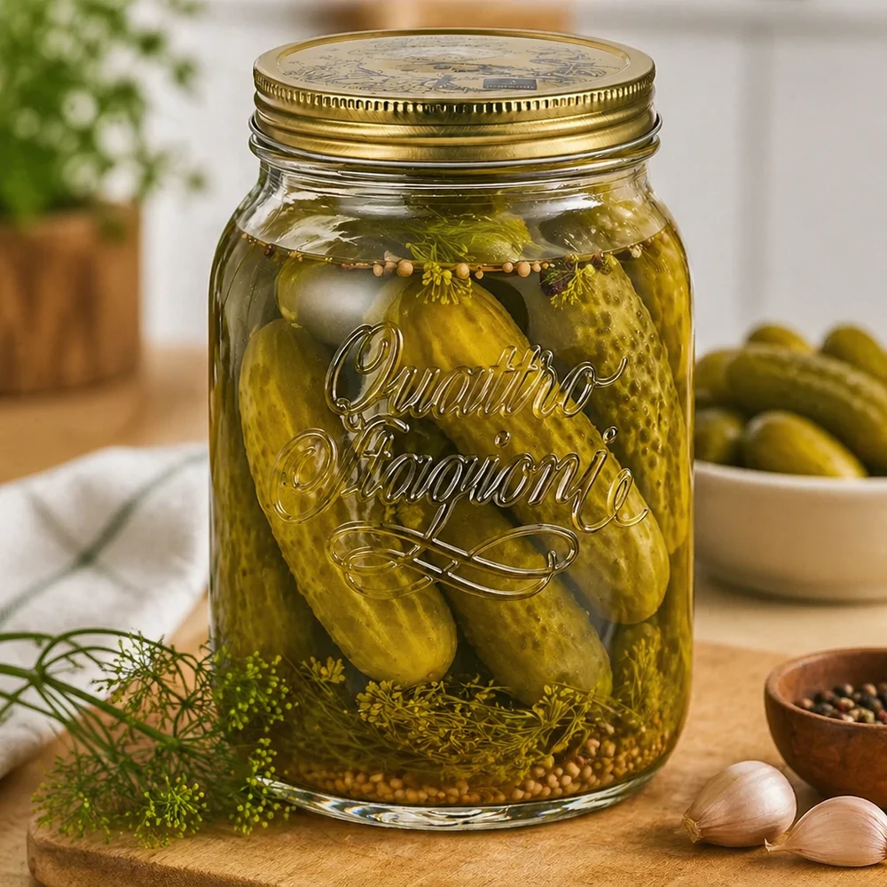 2000ml kulatá sklenice "Quattro Stagioni" s víčkem Quattro Stagioni 2L Einmachglas mit eingelegten Gurken und Dill - Konservierungsglas für hausgemachte Pickles