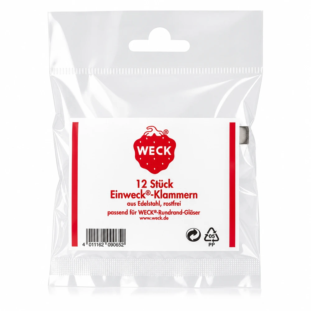 Svorky Original WECK (balení s 12 kusy) WECK Klammern Verpackungsrückseite mit Produktdetails 12 Stück Edelstahl rostfrei für Rundrand Gläser Original