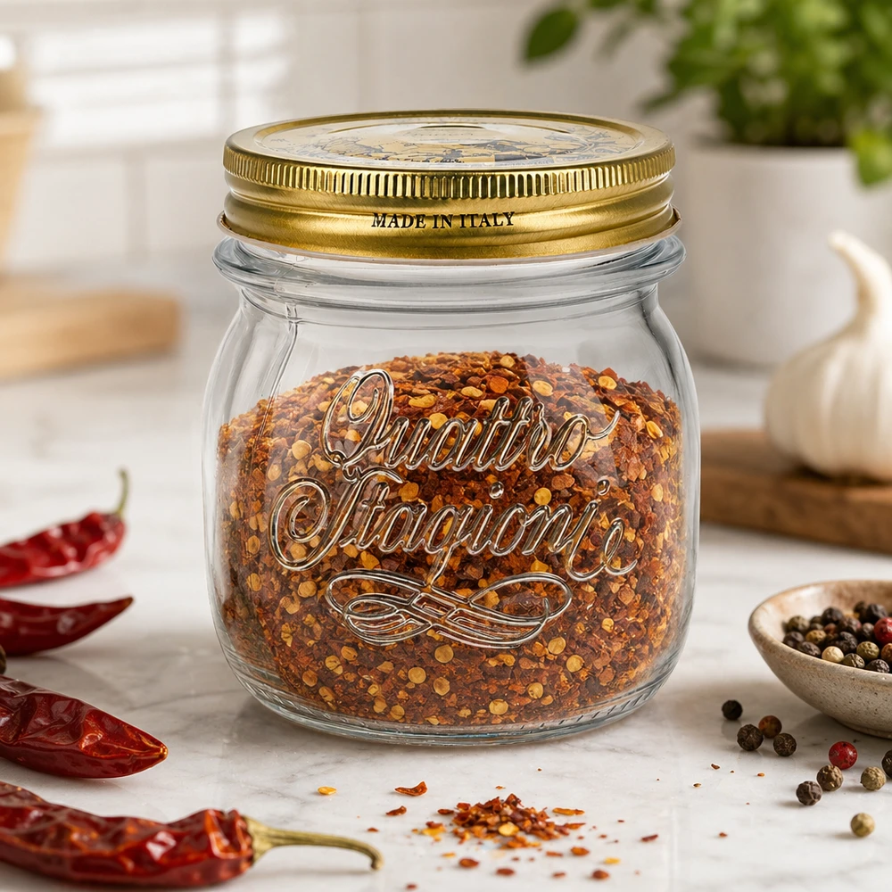 250ml kulatá dóza "Quattro Stagioni" s víčkem 250ml Quattro Stagioni Rundglas mit goldenem Deckel gefüllt mit Chili-Gewürzmischung auf Küchenarbeitsplatte