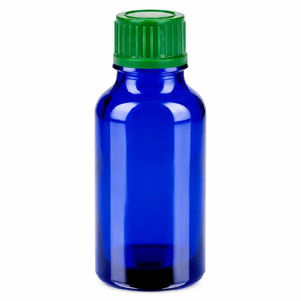 20ml láhev se šroubovacím uzávěrem 11mm zelená Standard BlueLine UT18/20 20ml blaue Glasflasche mit grünem Deckel ideal für ätherische Öle und Chemikalien