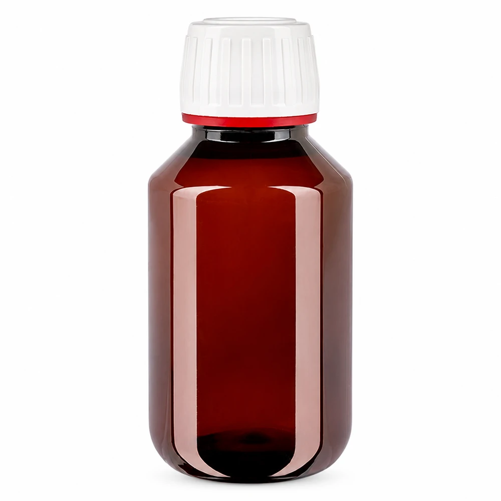 PET láhev 100 ml s bílým/červeným uzávěrem s ochranou proti manipulaci PET láhev 100 ml, hnědá, s bílým uzávěrem zaručujícím neporušenost a červeným bezpečnostním kroužkem