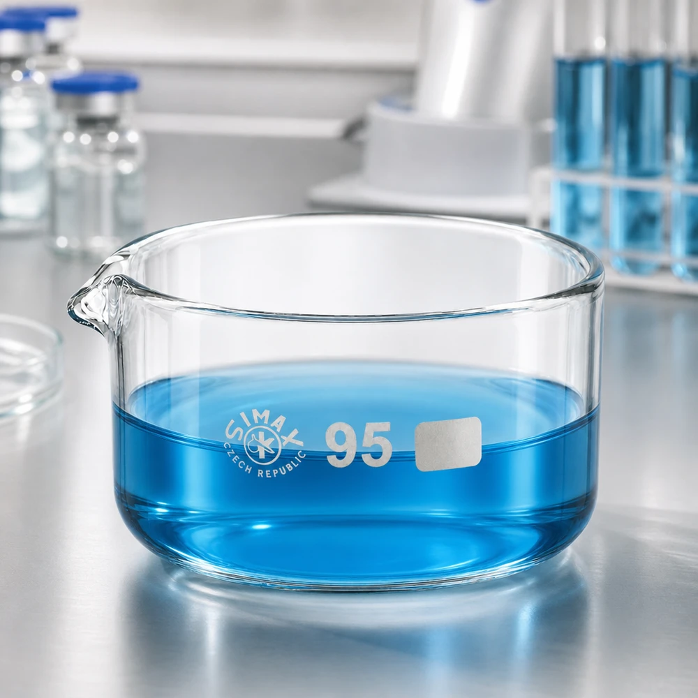 300ml krystalizační miska s borosilikátovou výlevkou ø95mm Laborschale 300ml aus hitzebeständigem Glas mit blauer Flüssigkeit und Ausguss ø95mm