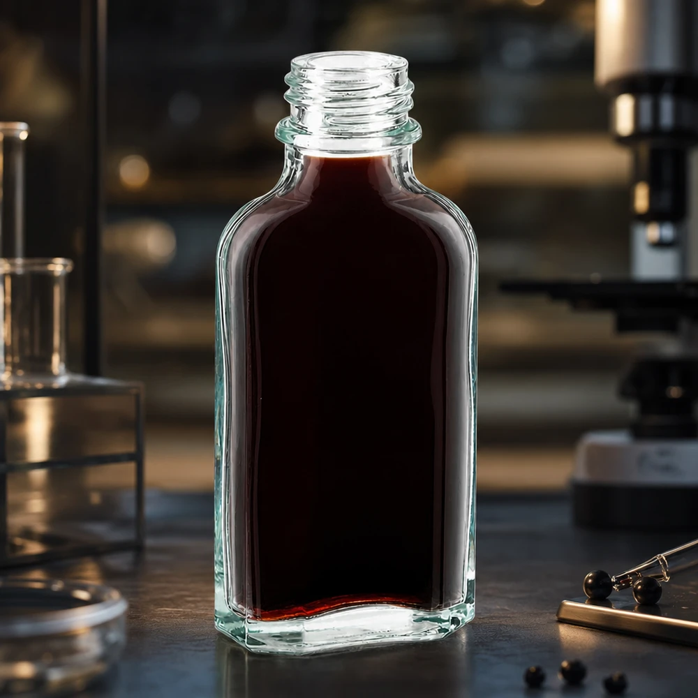 Láhev s meplatem 50 ml čirá DIN22 Offene 50 ml Meplatflasche klar mit dunkelrotem Inhalt auf Labortisch