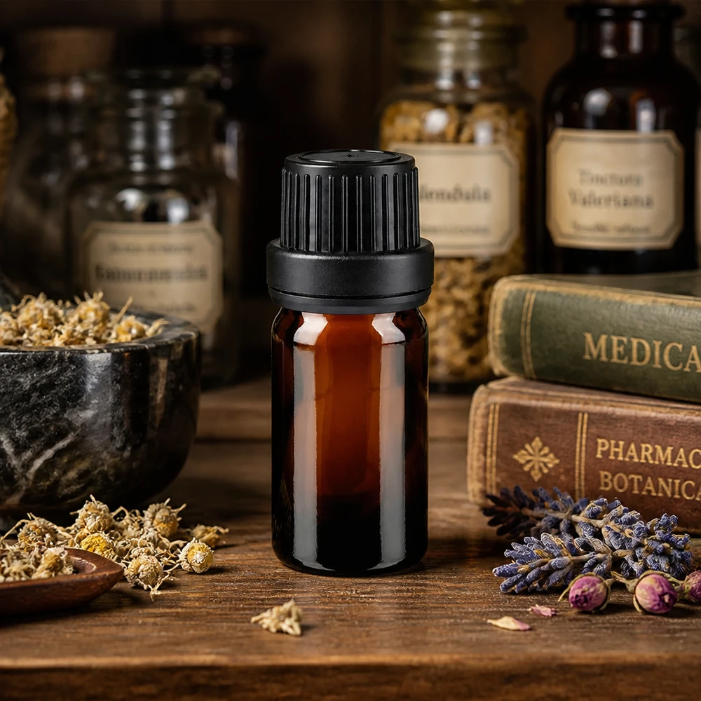 Lékárenská láhev hnědá 5ml šroubovací uzávěr s černým uzávěrem proti neoprávněné manipulaci. Kompakte 5ml Braunglasflasche mit schwarzem Sicherheitsverschluss in apothekentypischer Umgebung