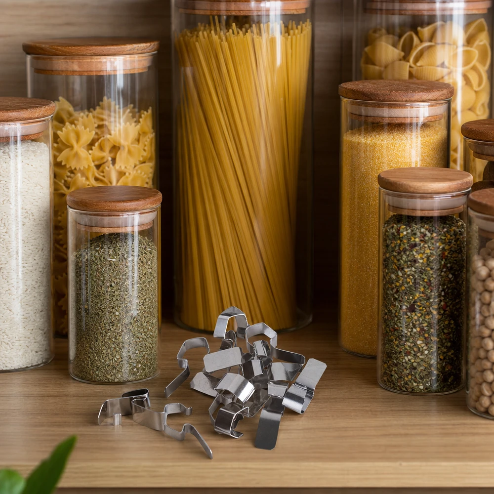 Zavařovací svorka Einkochklammern aus Edelstahl auf Holztisch neben Vorratsgläsern mit Pasta Gewürzen und Küchenutensilien