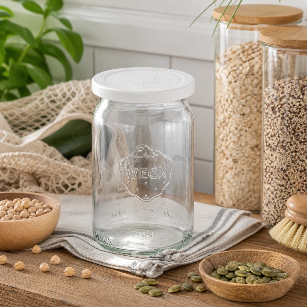 WECK RR40 Zylinderglas 145ml leer mit Frischedeckel in natürlicher Küche zwischen Hülsenfrüchten und Vorratsgläsern