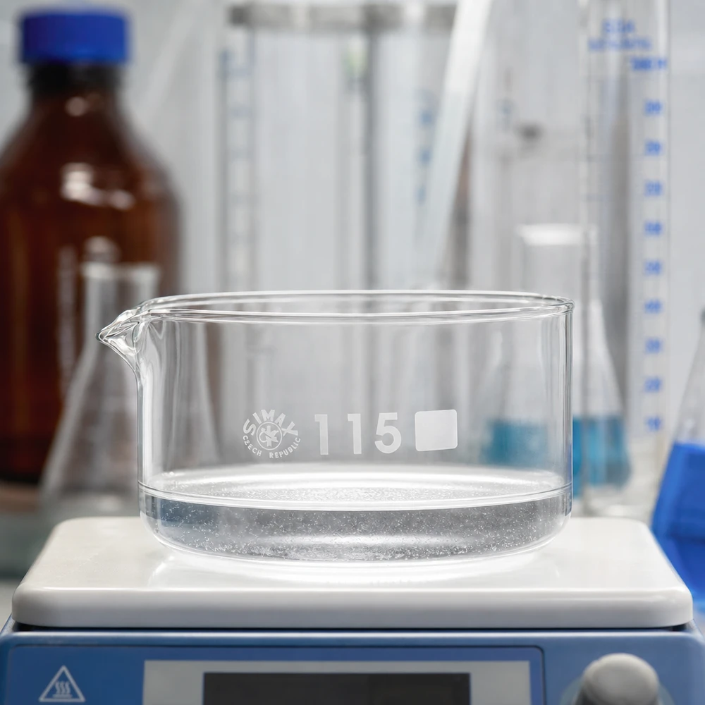 500ml krystalizační miska s výlevkou borosilikátová ø115mm Niedrige zylindrische Glasschale 500ml SIMAX mit Ausguss auf Rühr-Heizplatte Laborausrüstung