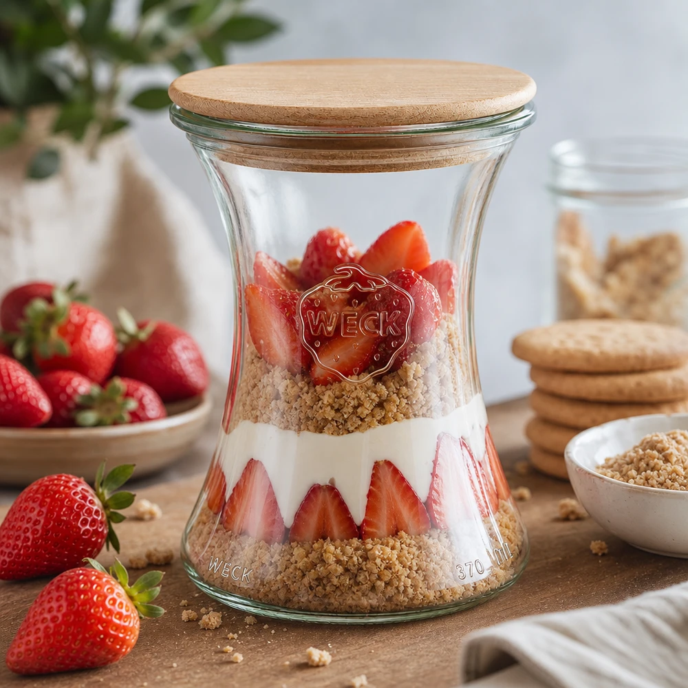 370ml lahůdková sklenice WECK RR80 s dřevěným víčkem kulička. WECK Delikatessenglas 370ml RR80 mit Holzdeckel gefüllt mit Erdbeeren Granola und Joghurt als Schichtdessert
