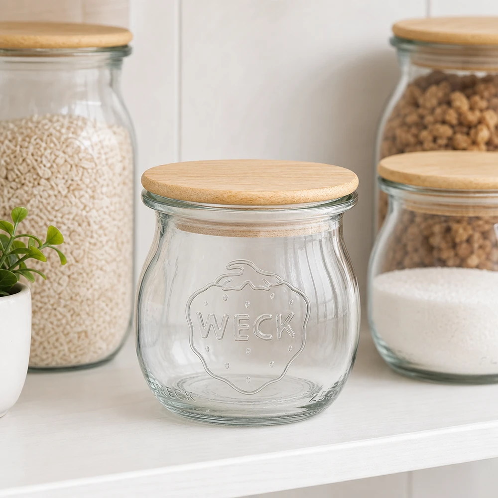 75ml tulipánová sklenice WECK RR40 s dřevěným víčkem WECK Tulpenglas 75ml RR40 mit Bambusdeckel in stylischer Kücheneinrichtung neben gefüllten Vorratsgläsern