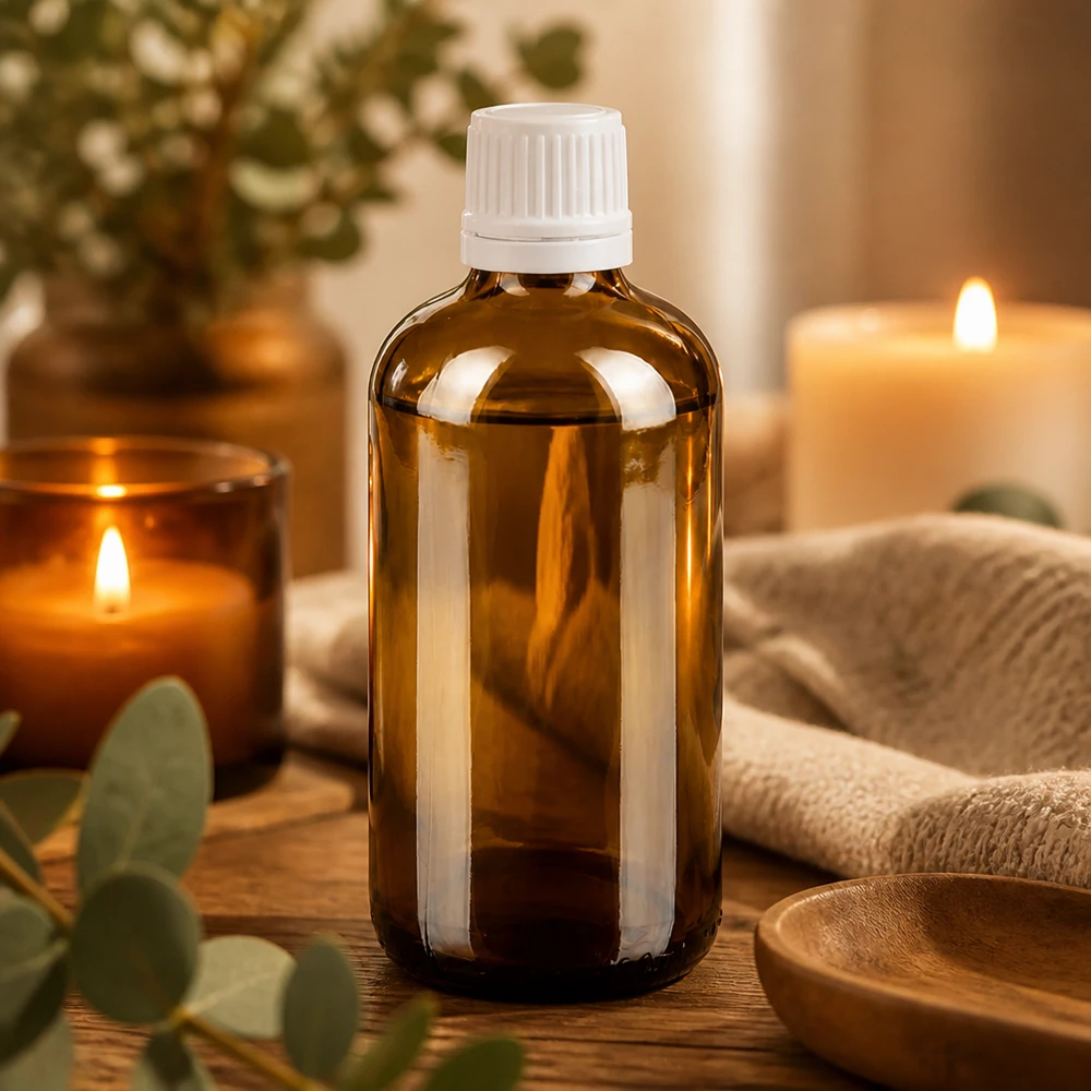 Lékárenská láhev hnědá 100ml šroubovací uzávěr bílý nedotknutelný uzávěr. Apothekerflasche braun 100ml mit weißem Sicherheitsverschluss zwischen Eukalyptuszweigen und Kerzen