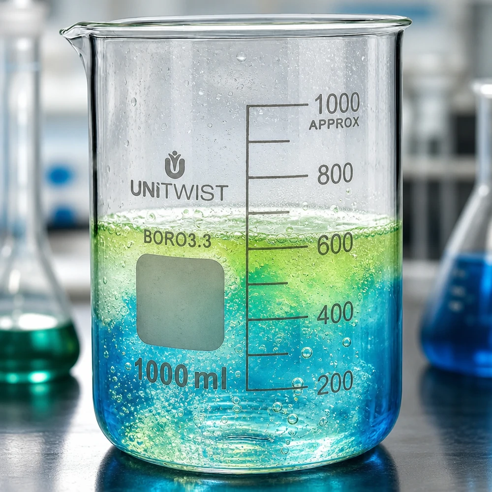 Kádinka 1000 ml borosilikátová, nízká forma UNiTWIST Transparentes Becherglas 1000ml BORO3.3 niedrige Form mit sprudelndem grünem Flüssigkeitsinhalt