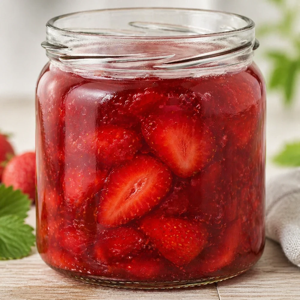 Kulatá sklenice o objemu 408 ml bez víčka (TO82) UNiTWIST UNiTWIST Runda408 Rundglas 408ml gefüllt mit hausgemachter Erdbeermarmelade zeigt praktische Verwendung als Einmachglas