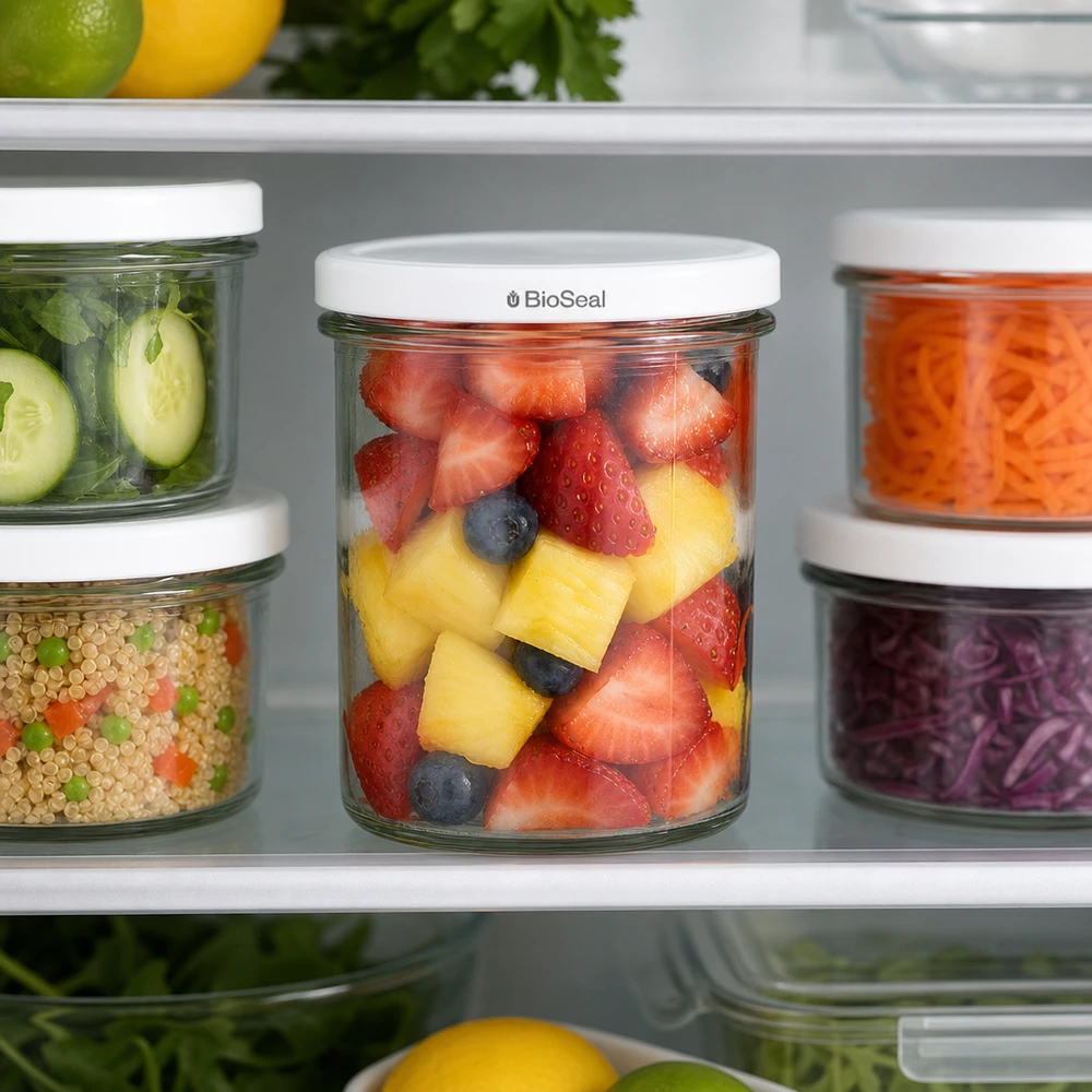 UNiTWIST Sturz350 im Kühlschrank mit Obstsalat gefüllt zeigt optimale Frischhaltung durch TO82 BioSeal Deckel