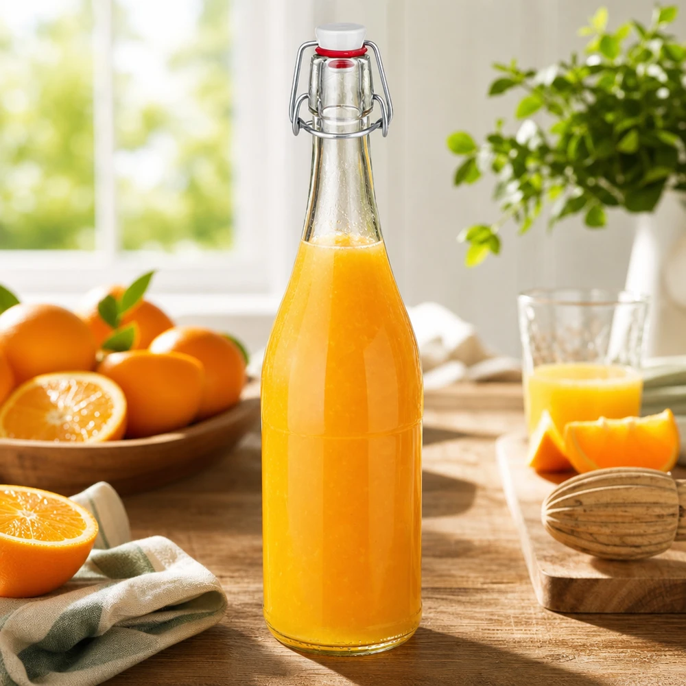Skleněná láhev o objemu 750 ml + otočný uzávěr PVC UNiTWIST 750ml Glasflasche Bügelverschluss mit Orangensaft befüllt Sonnenlicht Frühstückstisch frische Orangen vitaminreich