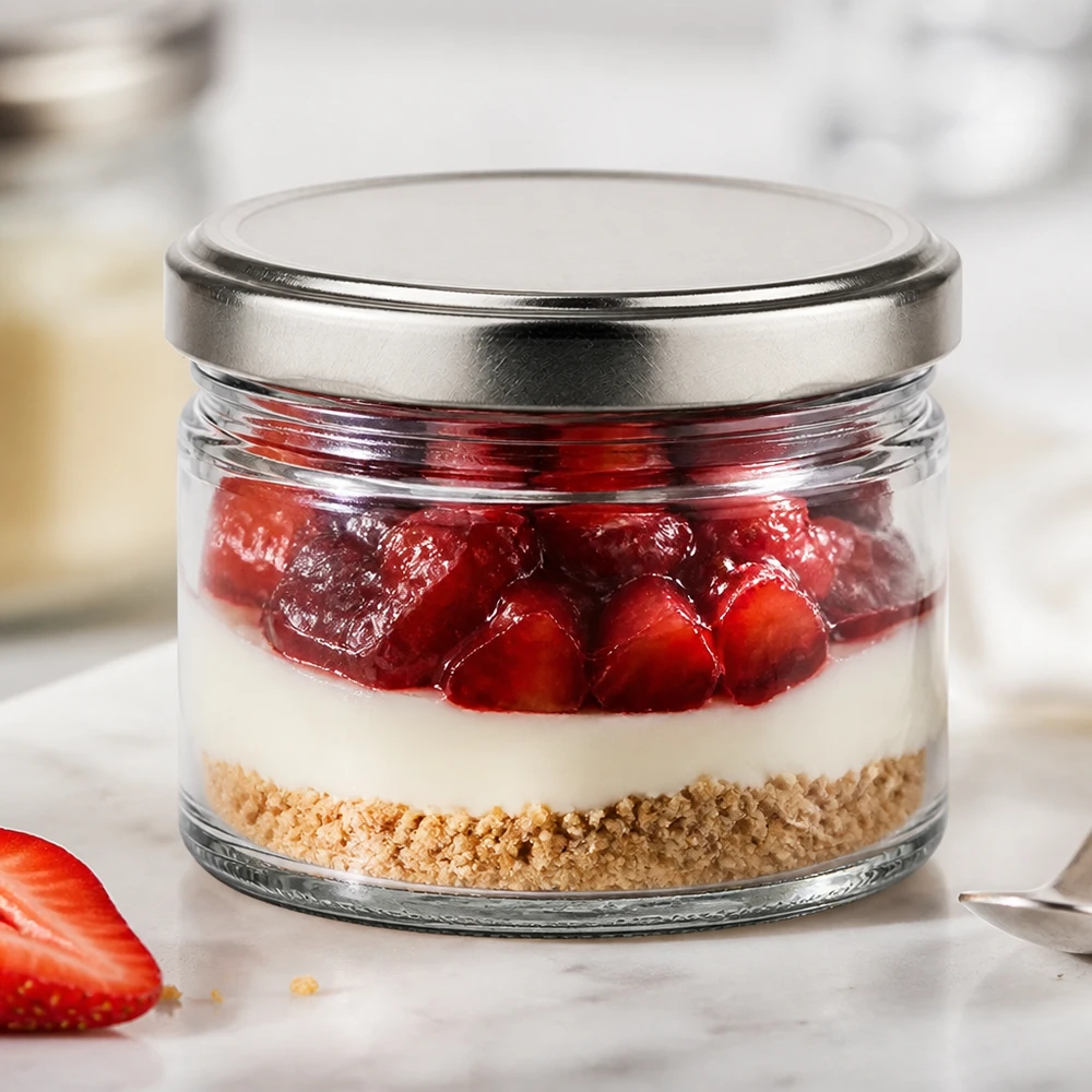 540ml kulatá sklenice + víčko BasicSeal stříbrné matné UNiTWIST 540ml Rundglas mit silbernem Deckel als Dessertglas für Erdbeer-Cheesecake im Glas, Schichtdessert