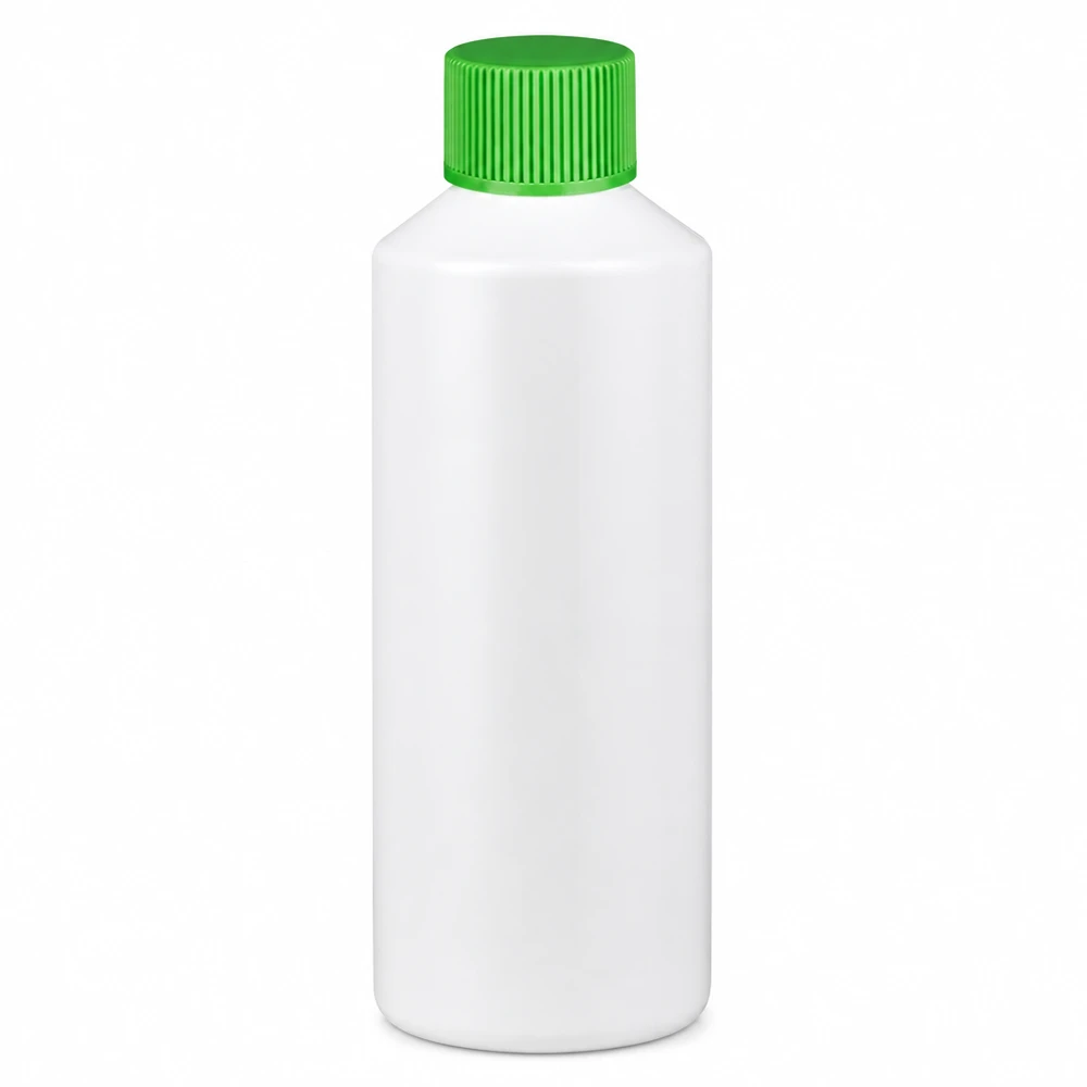Lékárnická láhev z HDPE, 100 ml, bílá, se zeleným šroubovacím uzávěrem z plastu vhodného pro styk s potravinami