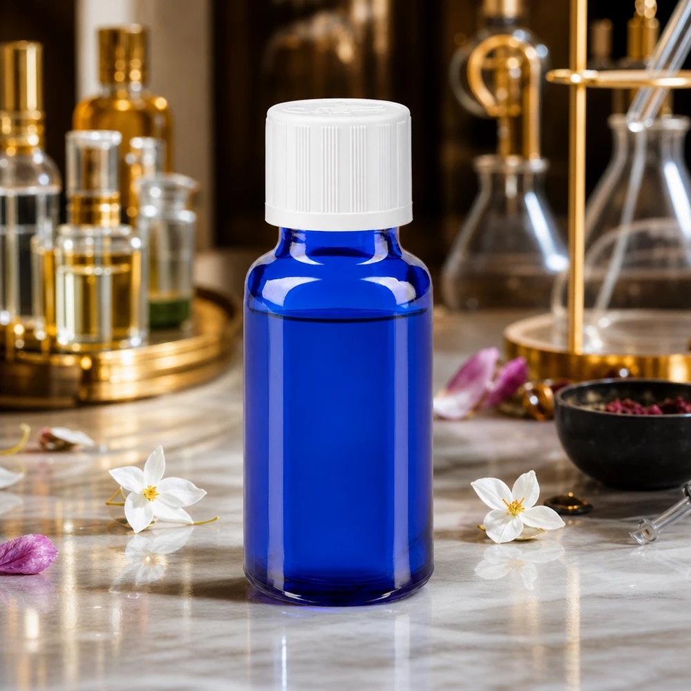Apothekerflasche Blauglas 20ml mit weißem Kindersicherheitsdeckel und Laborkolben im Hintergrund