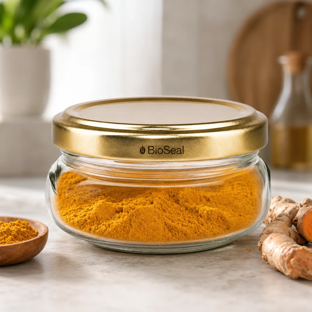 Dóza na terinu o objemu 120 ml se zlatým víčkem UNiTWIST BioSeal. Dóza na terinu o objemu 120 ml se zlatým víčkem UNiTWIST BioSeal.
