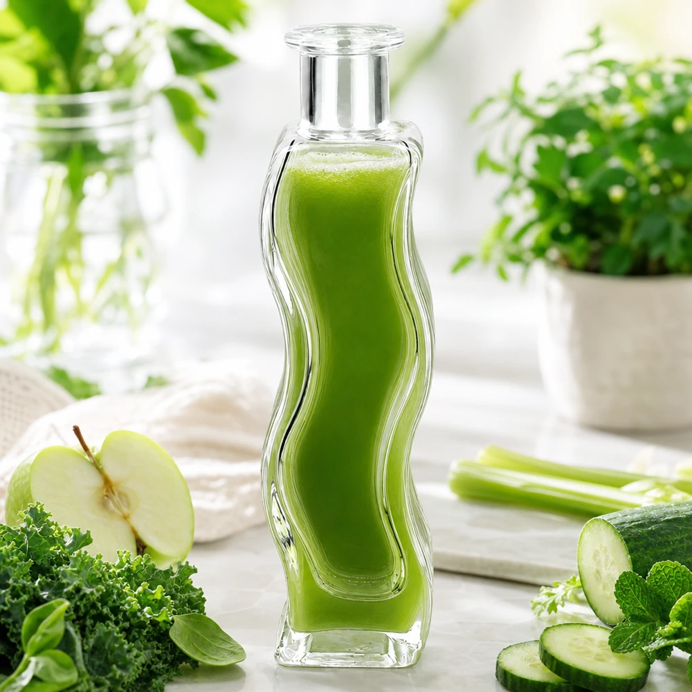 100ml Glasflasche "Melissa" ohne Verschluss UNiTWIST 100ml Glasflasche Melissa mit grünem Smoothie gefüllt umgeben von Gemüse Apfel Gurke und Kräutern auf weißem Holztisch