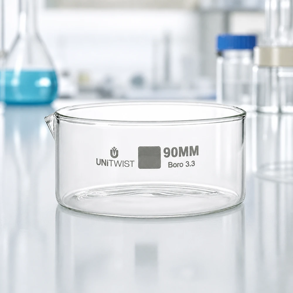 Krystalizační miska ø90 mm z borosilikátového skla UNiTWIST Hochwertige Laborschale ø90mm UNiTWIST Borosilikatglas mit Produktbeschriftung Frontansicht