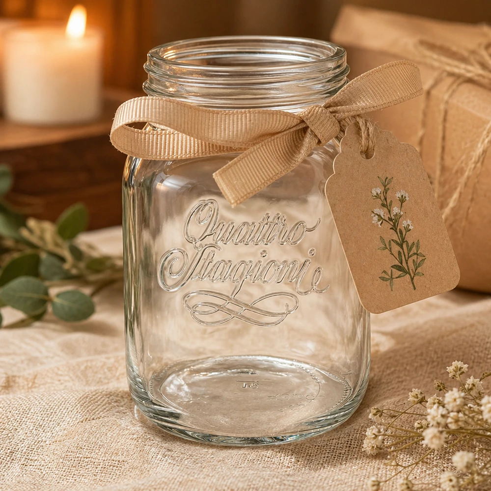 2000ml kulatá zavařovací sklenice "Quattro Stagioni" QS110mm Elegantes 2000ml Quattro Stagioni Einmachglas mit Schleifenband und Anhänger für Küche und Dekoration