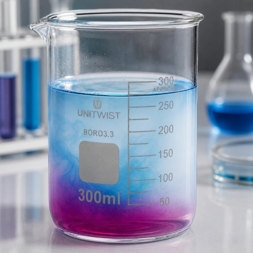 Kádinka 300 ml borosilikátová, nízká forma UNiTWIST Niedrige Becherglasform 300ml BORO3.3 mit farbigem Flüssigkeitsexperiment und Skalierung
