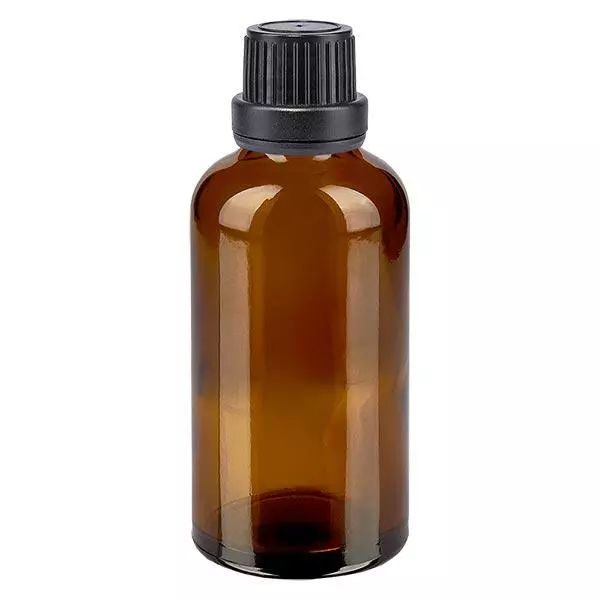 Lékárenská láhev hnědá 50ml kapací uzávěr s nalévacím kroužkem 2mm černý uzávěr s ochranou proti manipulaci.
