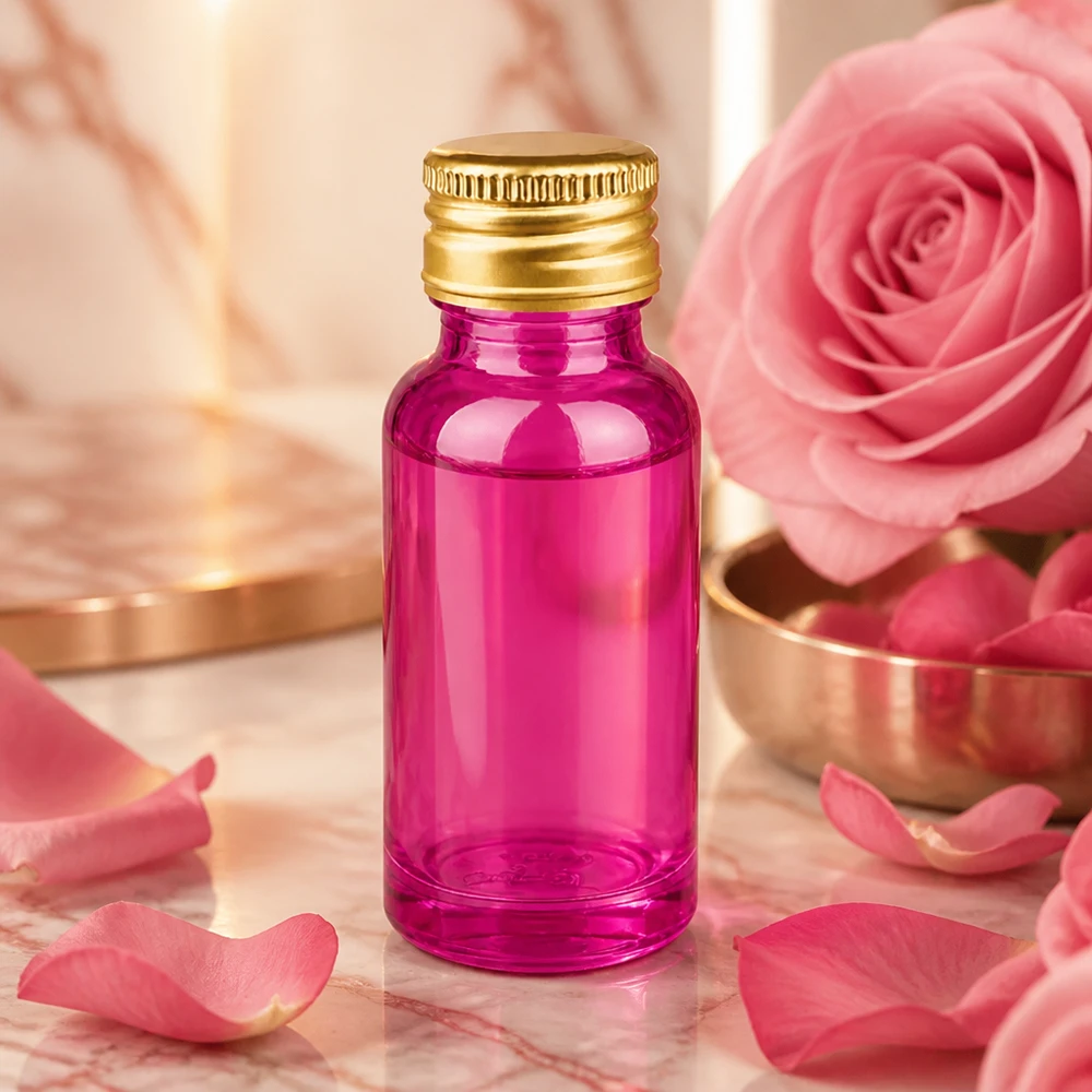 Handliche 20ml Glasflasche violett mit goldenem Verschluss ideal für Reise und unterwegs
