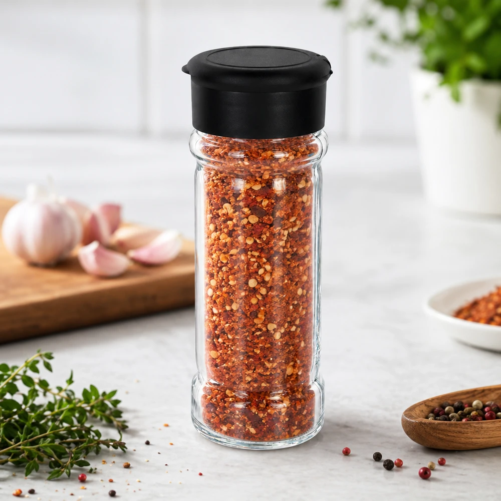 Dóza na sůl/koření 100ml s mlýnkem Vario černá Befüllbares Streuglas 100ml aus Glas mit schwarzem Deckel für scharfe Gewürzmischungen