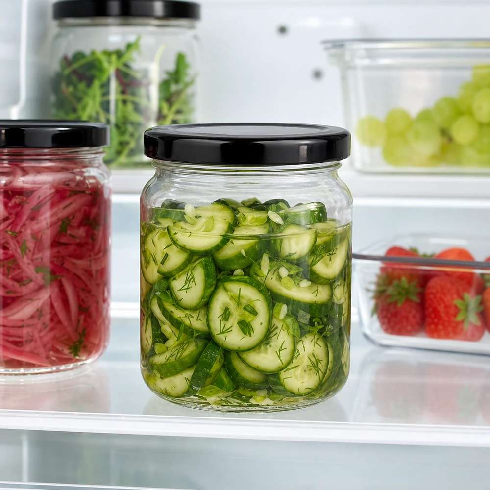 53ml kulatá sklenice s víčkem BasicSeal černá UNiTWIST 53ml Rundglas mit schwarzem Deckel gefüllt mit eingelegten Gurken im Kühlschrank frische Konservierung Pickles
