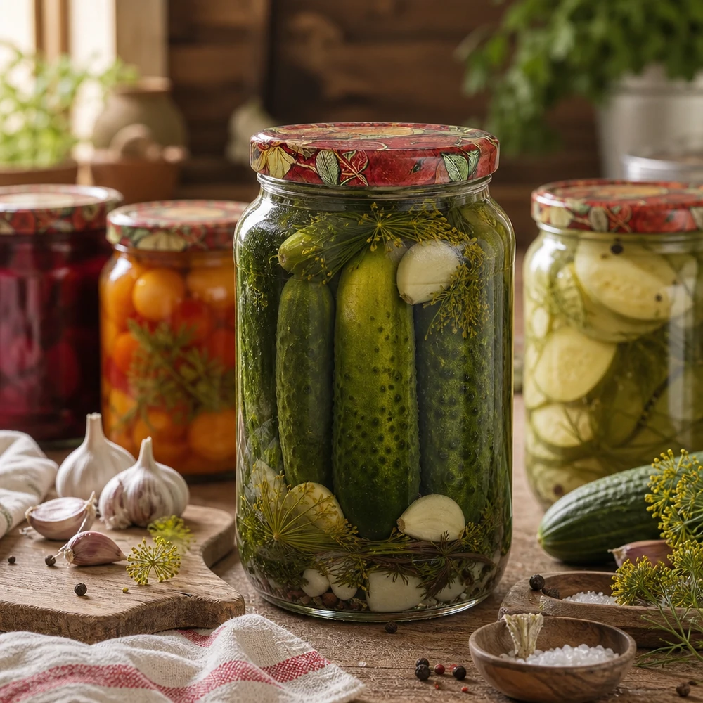 1062ml kulatá sklenice + víčko BasicSeal s dekorem ovoce UNiTWIST 1062ml Rundglas mit Gewürzgurken gefüllt BasicSeal Deckel Obst-Dekor Einmachglas Konservierung Dill Knoblauch