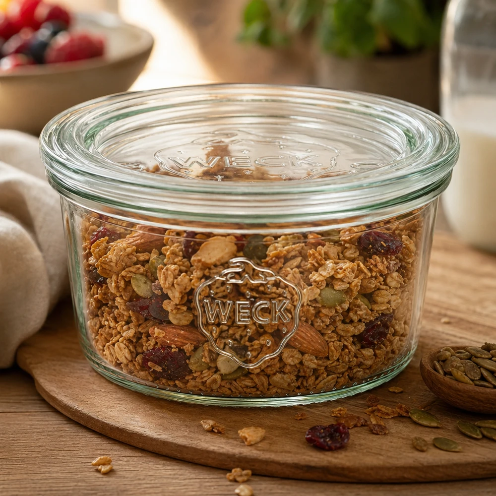 WECK Sturzglas 165ml RR80 gefüllt mit Müsli und Trockenfrüchten auf rundem Holzbrett zeigt perfekte Vorratshaltung