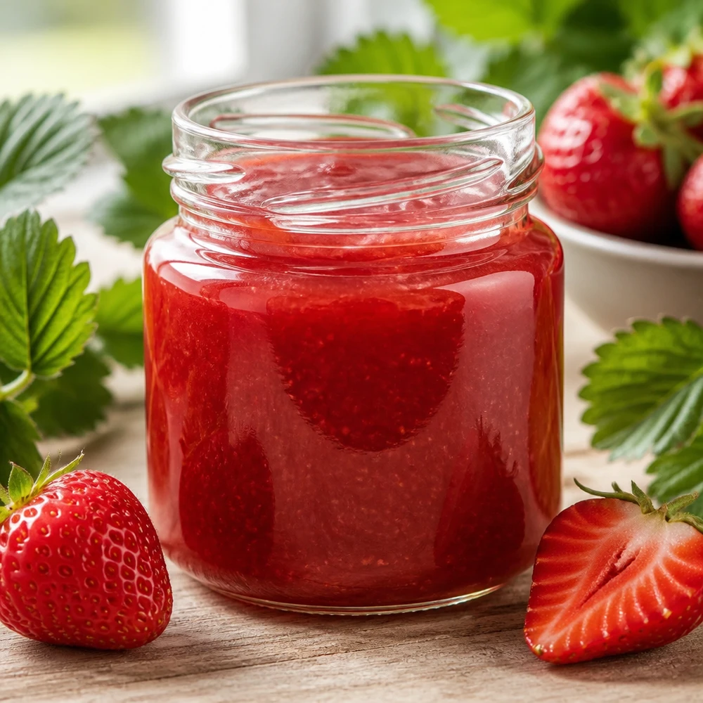 Kulatá dóza bez víčka o objemu 53 ml (TO43) UNiTWIST Runda53 – kulatá sklenice 53 ml, TO43, naplněná domácí jahodovou marmeládou a obklopená čerstvými jahodami